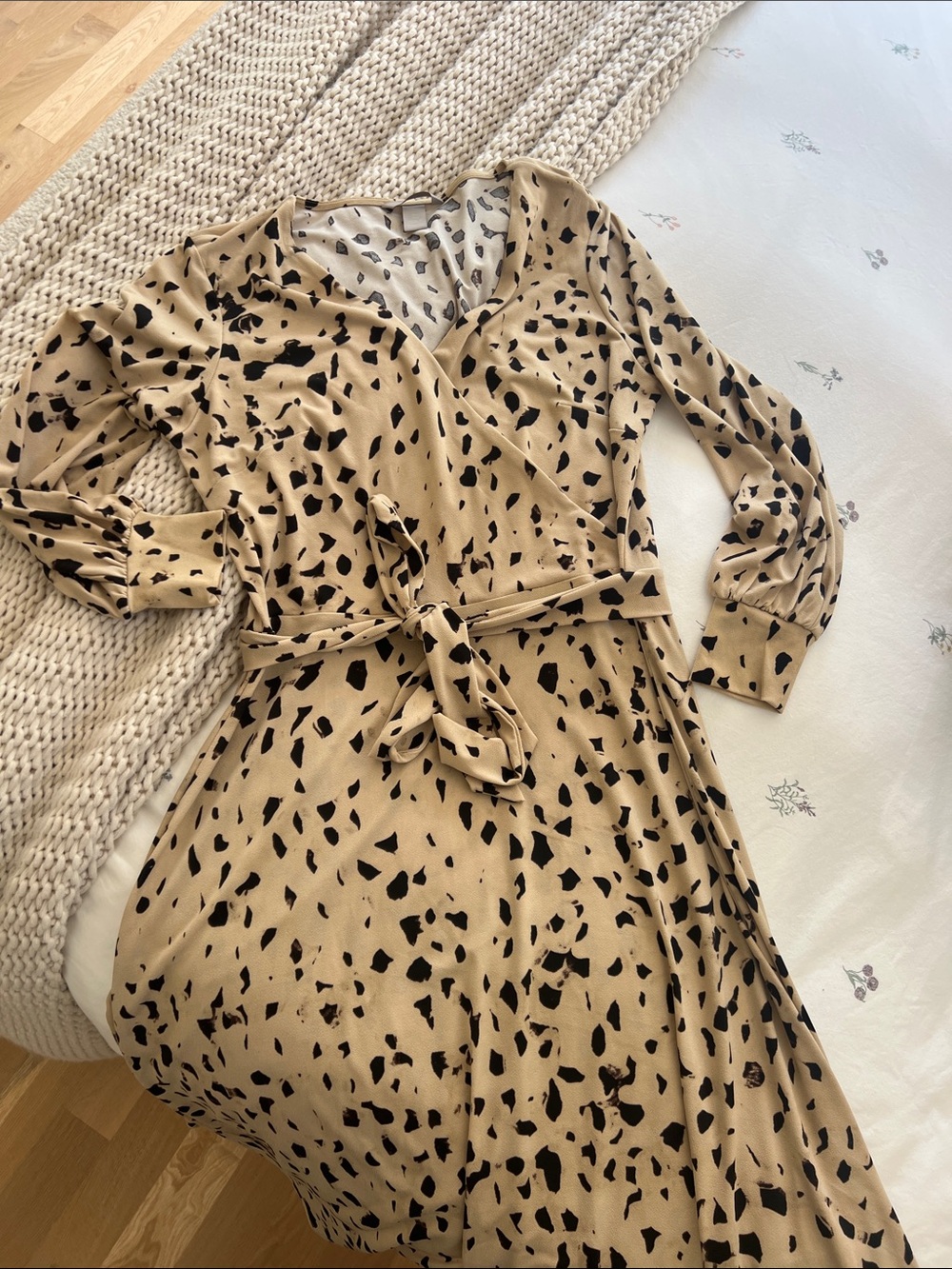 H&M Beige Dress with Black Animal Spot Print, Wrap Tie Waist